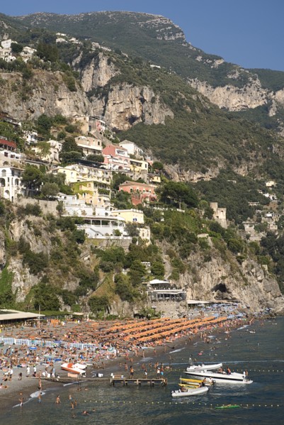 20093631 ITALY Campania Positano General view of Spiaggia Grande backed by Amalfi Coast