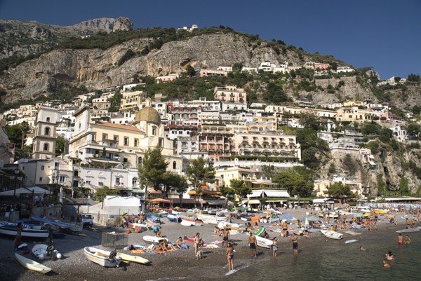 20093632 ITALY Campania Positano Spiaggia Grande beach with central Positano and Church of Santa Maria Assunta behind