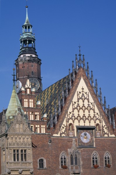 POLAND, Wroclaw, Wroclaw Town Hall dating from the fourteenth century.  Part view of exterior with