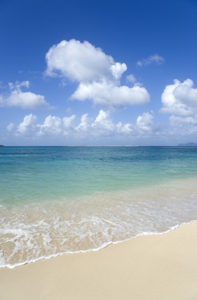 WEST INDIES, Grenada, Carriacou, The calm clear blue water breaking on Paradise Beach in L'Esterre
