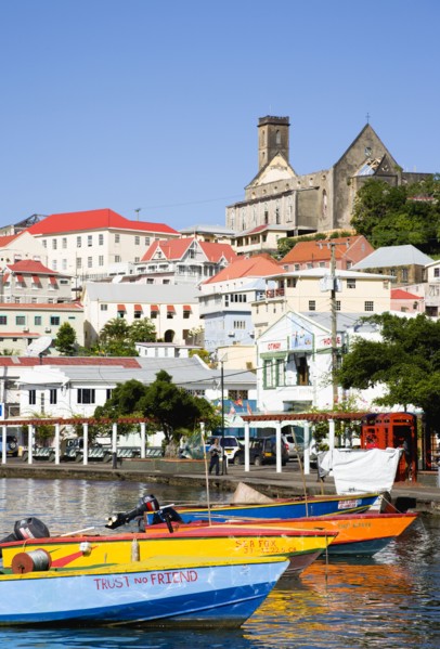WEST INDIES, Grenada, St George, Water taxi boats moored in the Carenage harbour of the capital