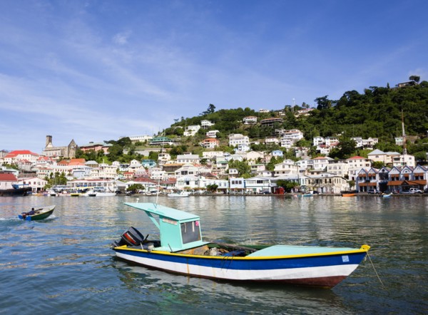 WEST INDIES, Grenada, St George, Fishing boat moored in the Carenage harbour of the capital city of