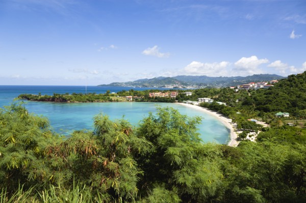 WEST INDIES, Grenada, St George, The aquamarine sea and tree lined white sand of BBC Beach in Morne