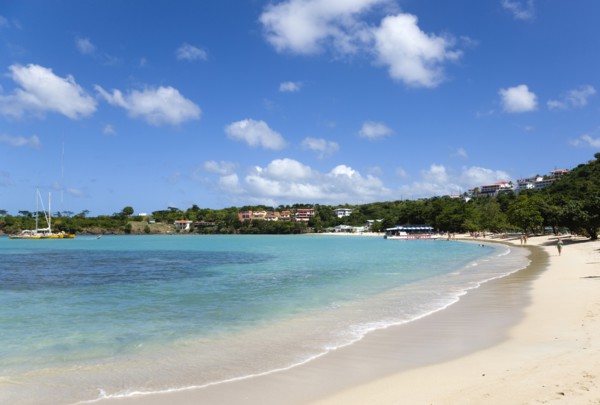 WEST INDIES, Grenada, St George, The aquamarine sea and tree lined white sand of BBC Beach in Morne