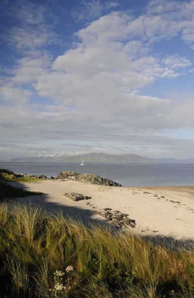 SCOTLAND, Argyll, Isle Of Iona, Grasses & sandy beach with views of Mull