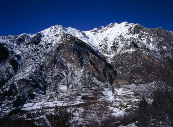 SPAIN, Aragon, Pyrenees, Snow covered mountain group including Tuca 2902 metres 9504 feet which is