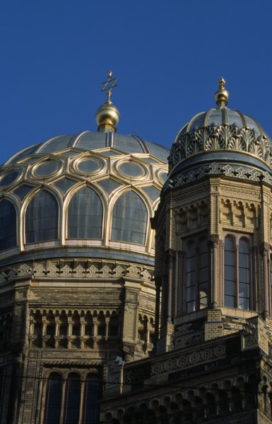 GERMANY, Berlin, "Neue Synagogue. Part view of exterior facade and domes of building restored in