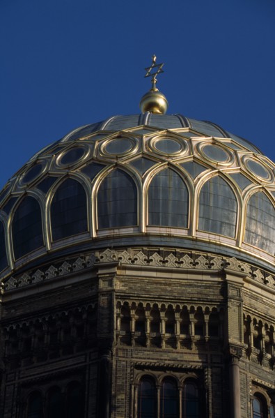 GERMANY, Berlin, "Neue Synagogue.  Part view of exterior facade and dome of building restored in