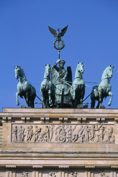GERMANY, Berlin, "The Brandenburg Gate.  The Quadriga on top of the gate.  Chariot drawn by four
