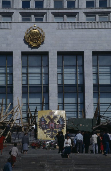 RUSSIA, Moscow, Parliament building with barricades made from pieces of wood and metal after an