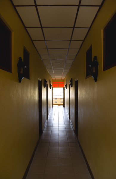 WEST INDIES, Grenada, Carriacou, Corridor in hotel leading to an open balcony in Hillsborough.