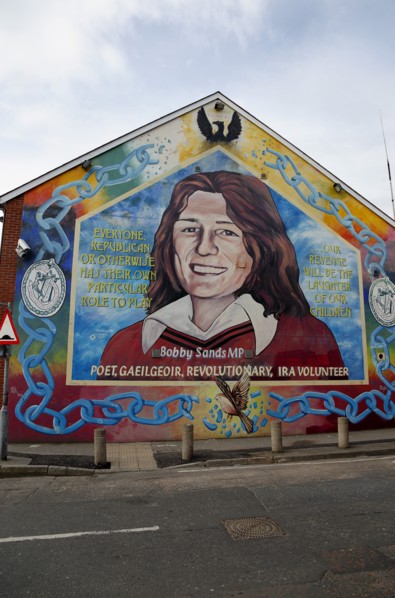 IRELAND, North, Belfast, "Falls Road, Mural of Bobby Sands on the gable end of the Sinn Fein