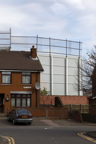IRELAND, North, Belfast, "West, Falls Road, Peace Line barrier between the Catholic Lower Falls and