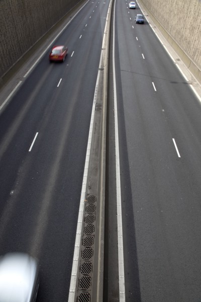 TRANSPORT, Road, Cars, View over empty carriageways on the Westlink underpass in Belfast.