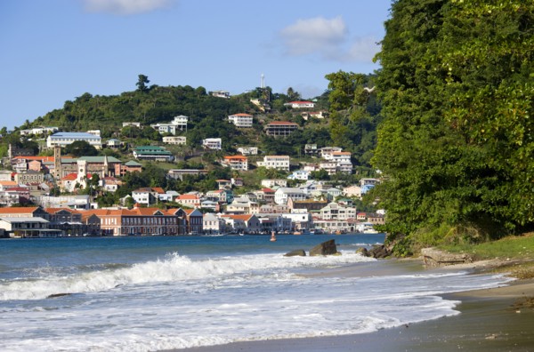 WEST INDIES, Grenada, St George, The hillside buildings and waterfront of the Carenage in the