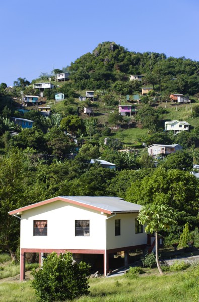 WEST INDIES, Grenada, St George, Houses built on stilts lining a hillside.