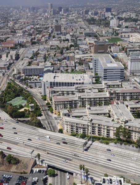 USA, California, Los Angeles, Freeway & views across west LA . Smog