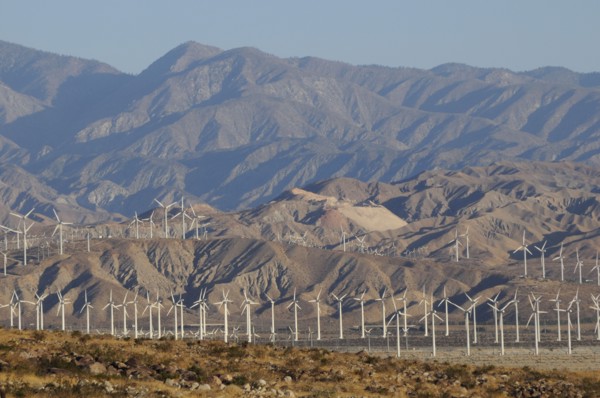 USA, California, Palm Springs, "Windmills & mountains of Morongo Valley, San Gorgonio Pass, Palm