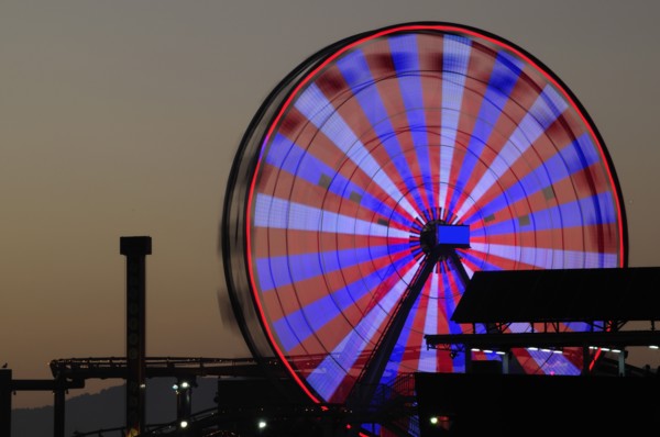 USA, California, Los Angeles, "Ferris wheel on the pier shilhoutted at night, Santa Monica"