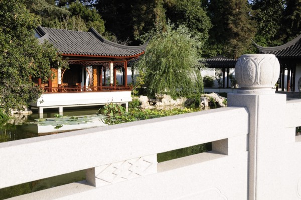 USA, California, Los Angeles, "Bridge & view to The Lotus Pavilion, The Garden of Flowing