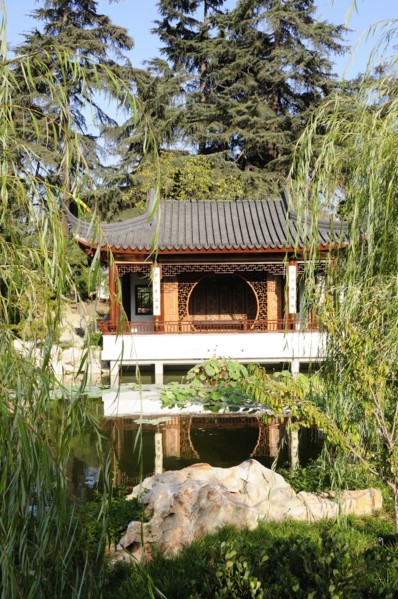 USA, California, Los Angeles, "View across lake to the Lotus Pavilion, Chinese Garden, The