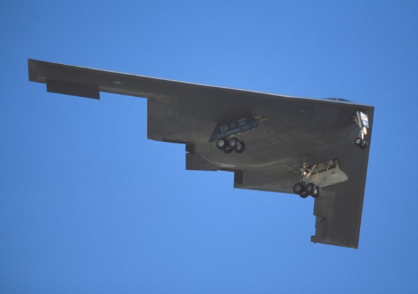 TRANSPORT, Air, Jets, B2 Stealth Bomber in flight with landing gear down.