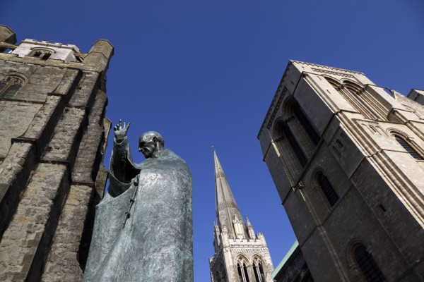 ENGLAND, West Sussex, Chichester, Statue of Saint Richard outside the Cathedral.