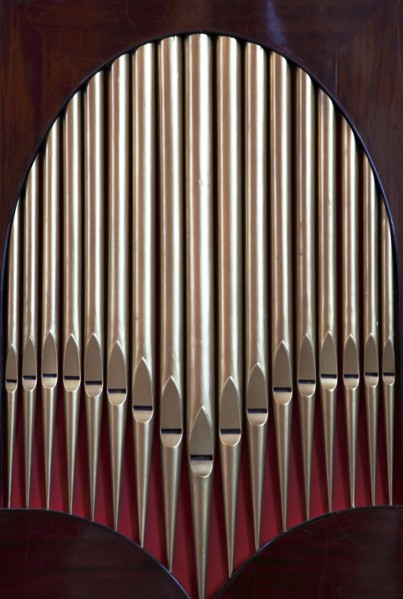 ENGLAND, West Sussex, Chichester, "Cathedral Interior, detail of minature organ showing the pipes."