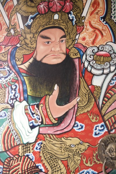 THAILAND, North, Chiang Mai, Pung Tao Gong Ancestral Temple. Close up of a colourful mural