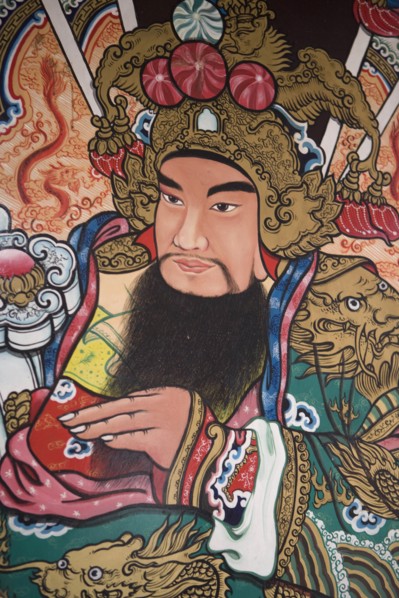 THAILAND, North, Chiang Mai, Pung Tao Gong Ancestral Temple. Close up of a colourful mural