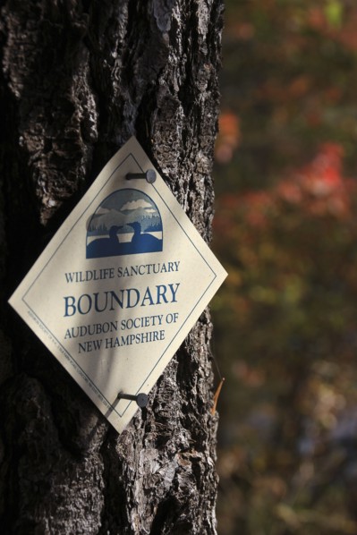 USA, New Hampshire, "Marlborough,", Audubon Wildlife Sanctuary sign Meetinghouse Pond. Nature