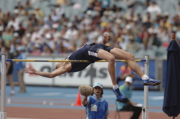 SPORT, Athletics, High Jump, "High Jumper doing the Fosbury Flop. Melbourne 2006 Commonwealth