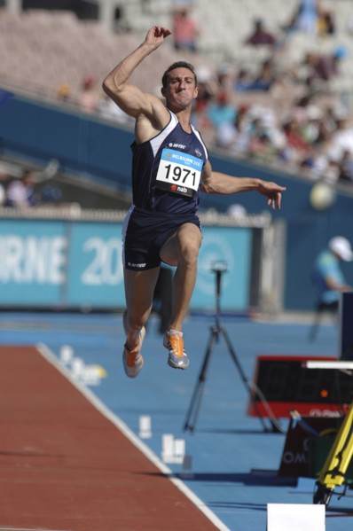 SPORT, Athletics, Long Jump, "Scotland's Darren Ritchie during the long Jump in mid leap. 2006