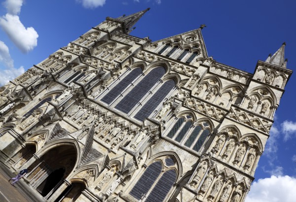 ENGLAND, Wiltshire, Salisbury, Cathedral West Front and entrance with life size statues of the