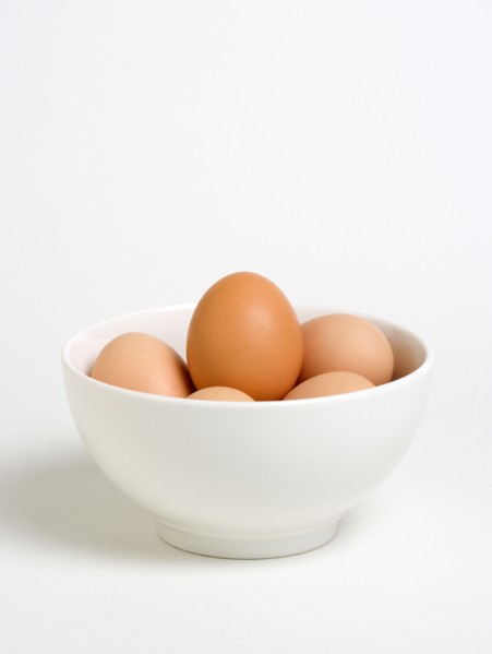 FOOD, Uncooked, Eggs, Free range eggs in a bowl on a white background.