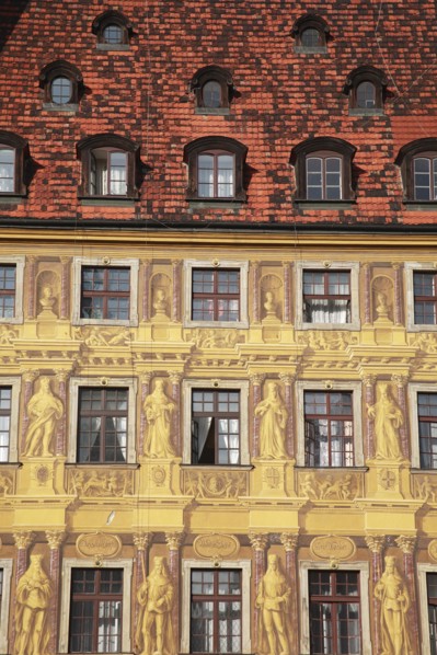 Poland, Wroclaw, detail of building facade with tromp l'oiel painted mural in the Rynek old town