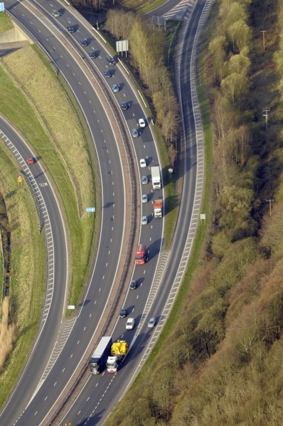 Scotland, Stirling, Aerial of dual carriageway road with feeding exit and entrance lanes.