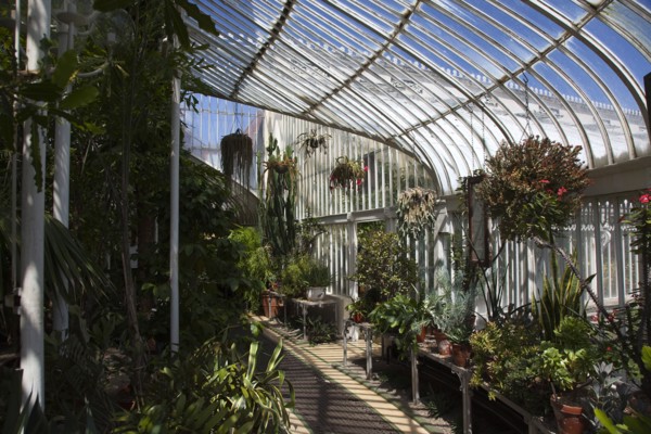 Ireland, Northern, Belfast, Botanic Gardens with people sat on benches outside the Palm House next