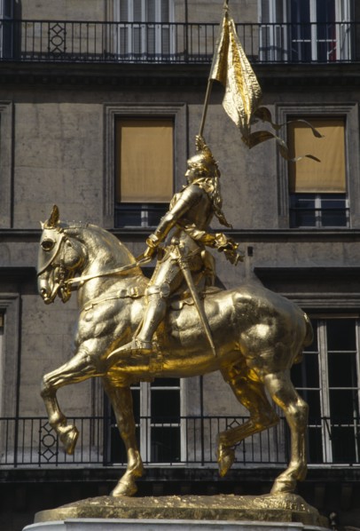 France, Ile de France, Paris, Gilded golden bronze statue of Joan of Arc on horseback in armour