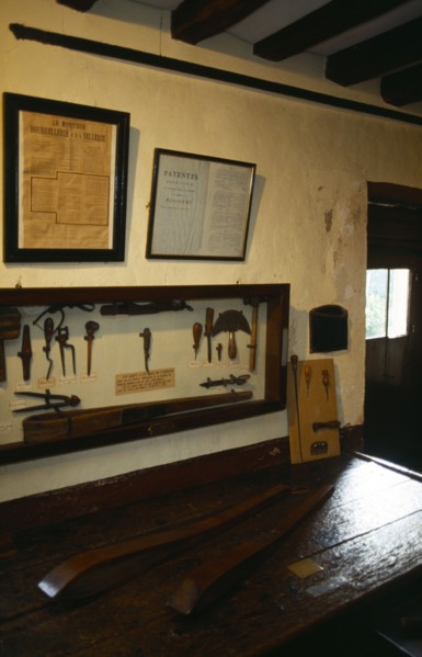France, Ile de France, Coupvray, The workshop workbench and tools of the father of Louis Braille in