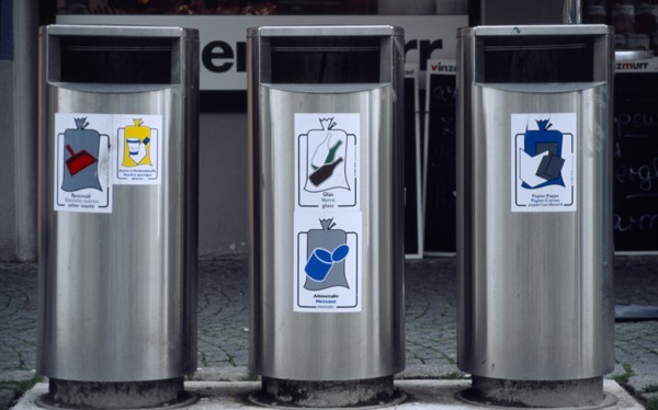 Germany, Bayern, Lindau, Three waste bins for separate items to be recycled.