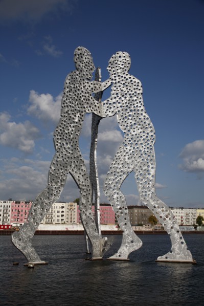 Germany, Berlin, Detail of Molecule Men sculpture 30 metres in height by Jonathan Borofsky on River