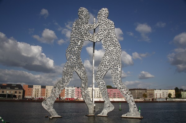 GErmany, Berlin, Molecule Men sculpture 30 m in height on River Spree by Jonathan Borofsky.