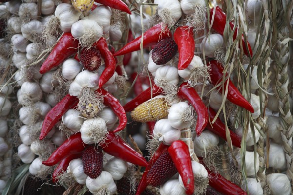 Poland, Krakow, strings of garlic, pepper & maize.