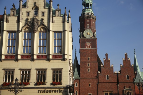 Poland, Wroclaw, restaurant facade & the Municipal Museum in the Rynek old town square.