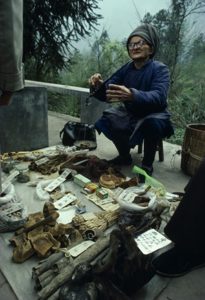 China, Sichuan Province, Mount Emei, Elderly man selling traditional Chinese medicines, using
