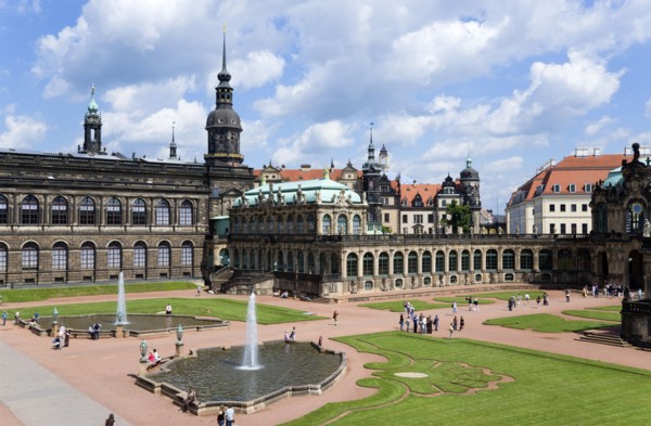 GERMANY, Saxony, Dresden, The central Courtyard of the restored Baroque Zwinger Palace gardens busy