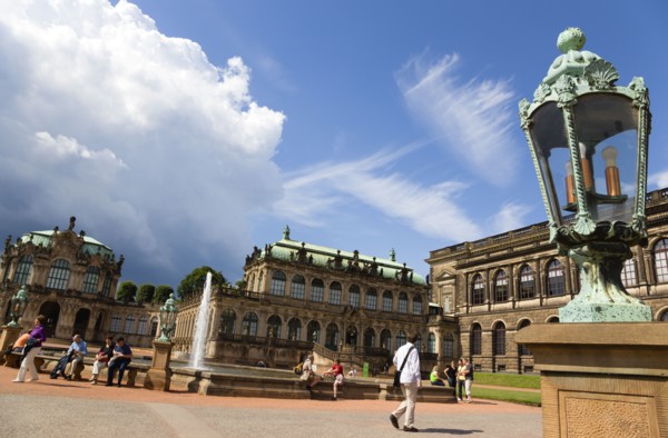 GERMANY, Saxony, Dresden, The central Courtyard of the restored Baroque Zwinger Palace gardens busy