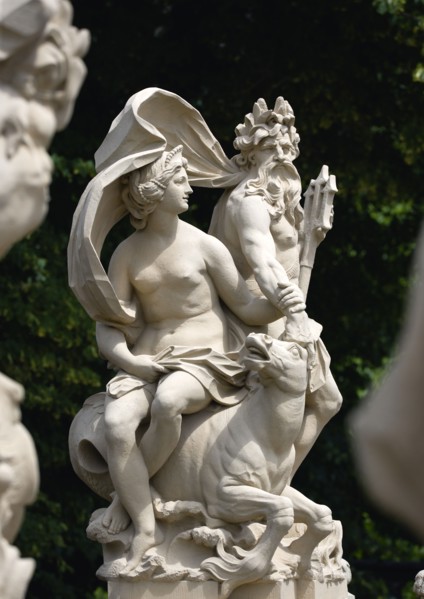 GERMANY, Saxony, Dresden, Statue of a naked women seated on a seahorse beside a bearded man