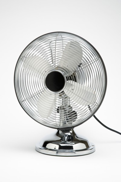 Weather, Environment, Control, Stainless Steel Retro desk or table electric cooling fan on a white